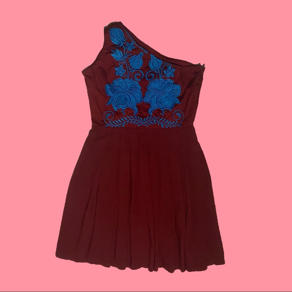 Woman’s Mexican Style blue embroidered one shoulder strap red dress Handmade